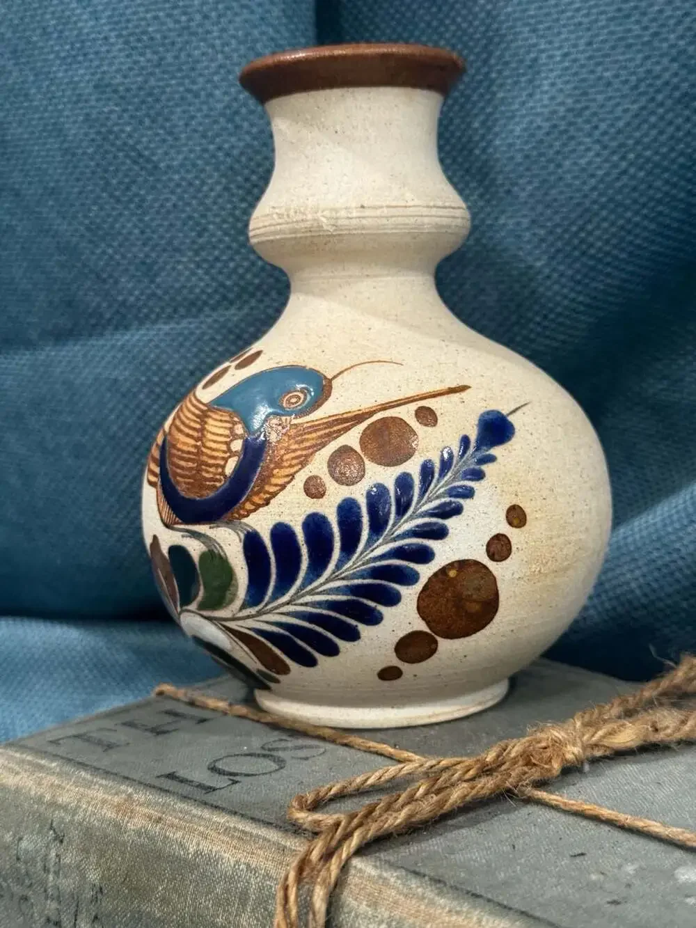 Vintage Tonala Mexican Folk Art Pottery Vase with Hand-Painted Bird Design